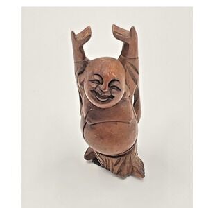 Hand Carved Wood Laughing Buddha Figurine 4.25" Vintage‎ 1970s